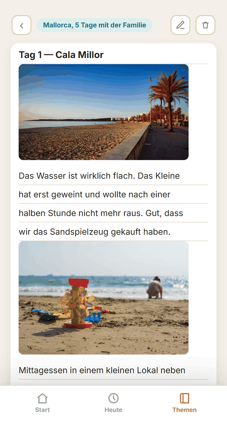 Notiz mit Fotos und Eindrücken von der Reise
