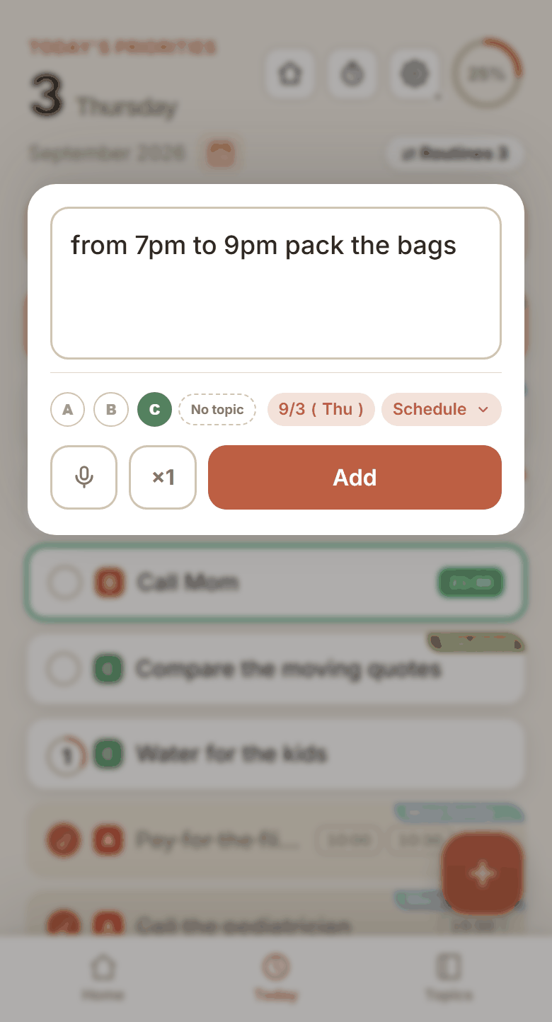 Voice input — the mic and “from 7pm to 9pm pack the bags”