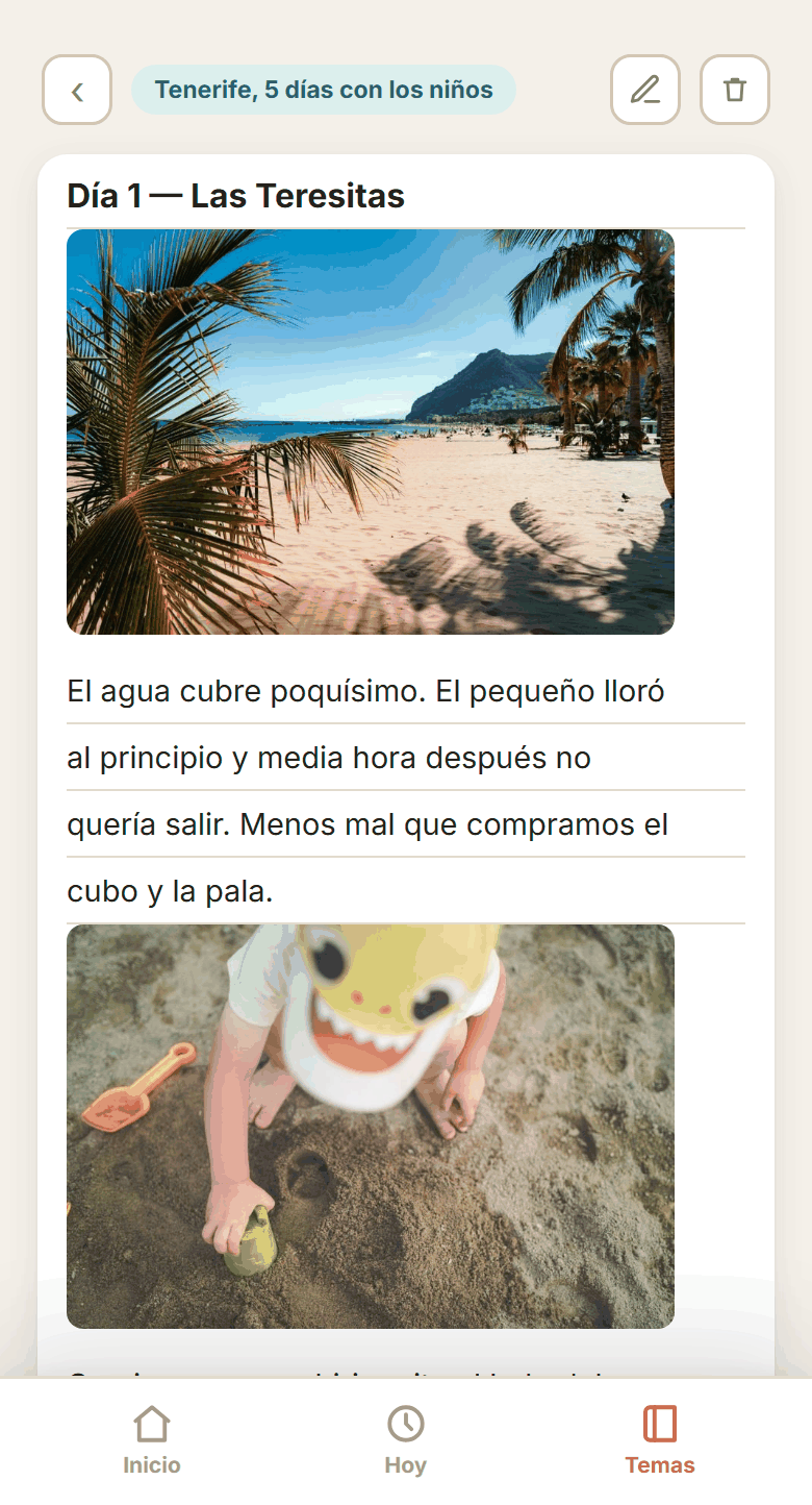 Nota del viaje con fotos e impresiones