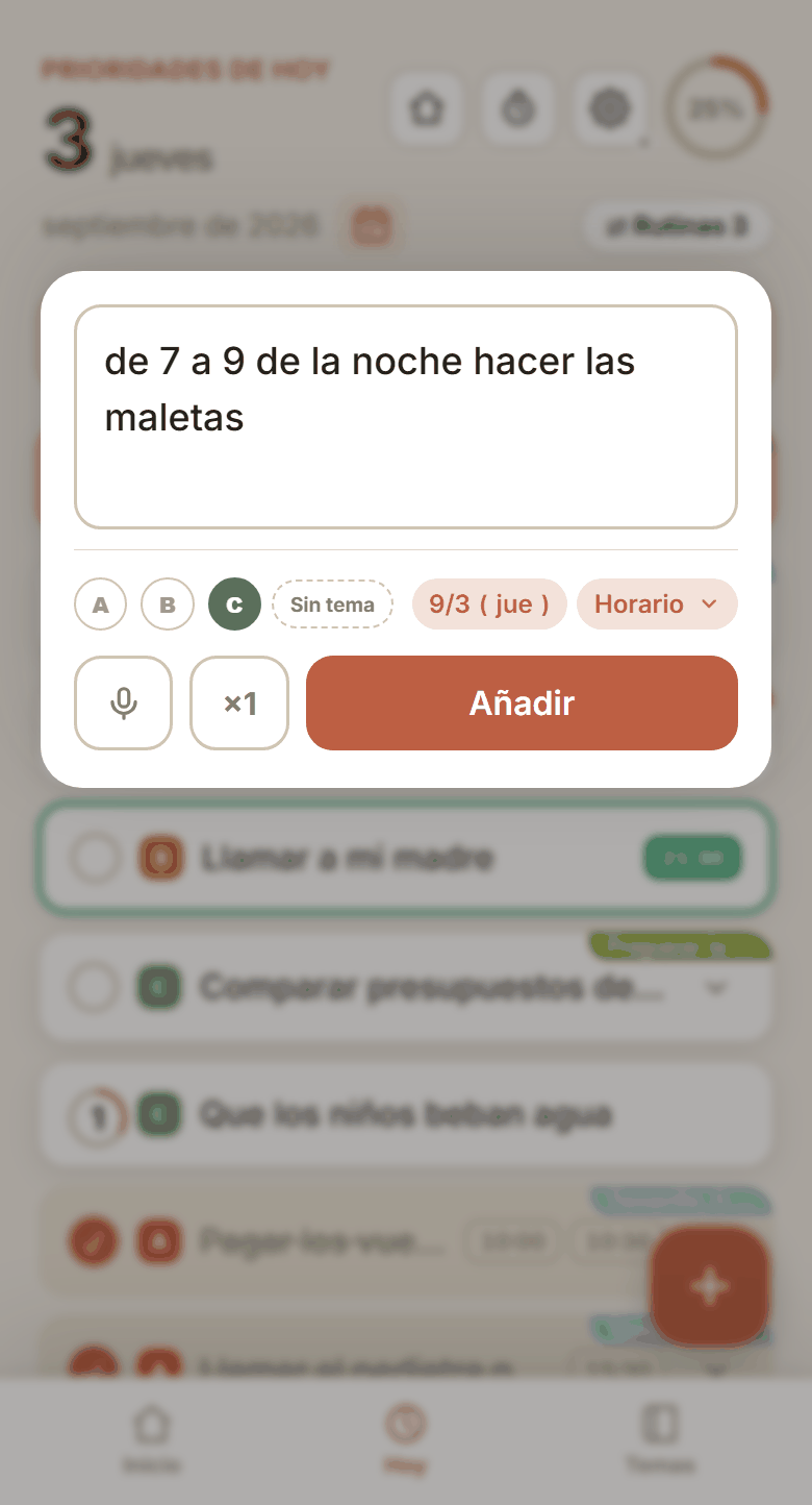 Dictar — el micrófono y «de 7 a 9 de la noche hacer las maletas»