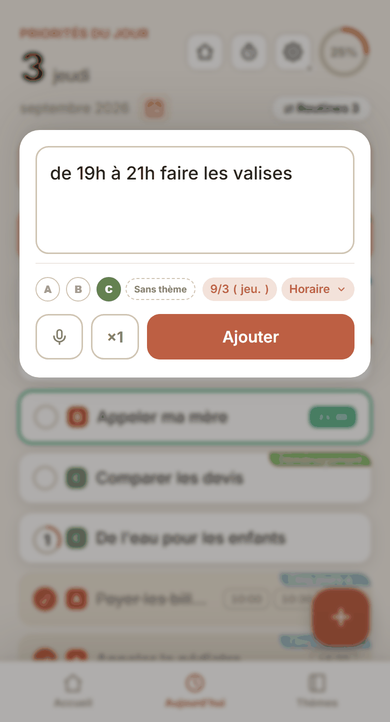 Dictée — le micro et « de 19h à 21h faire les valises »