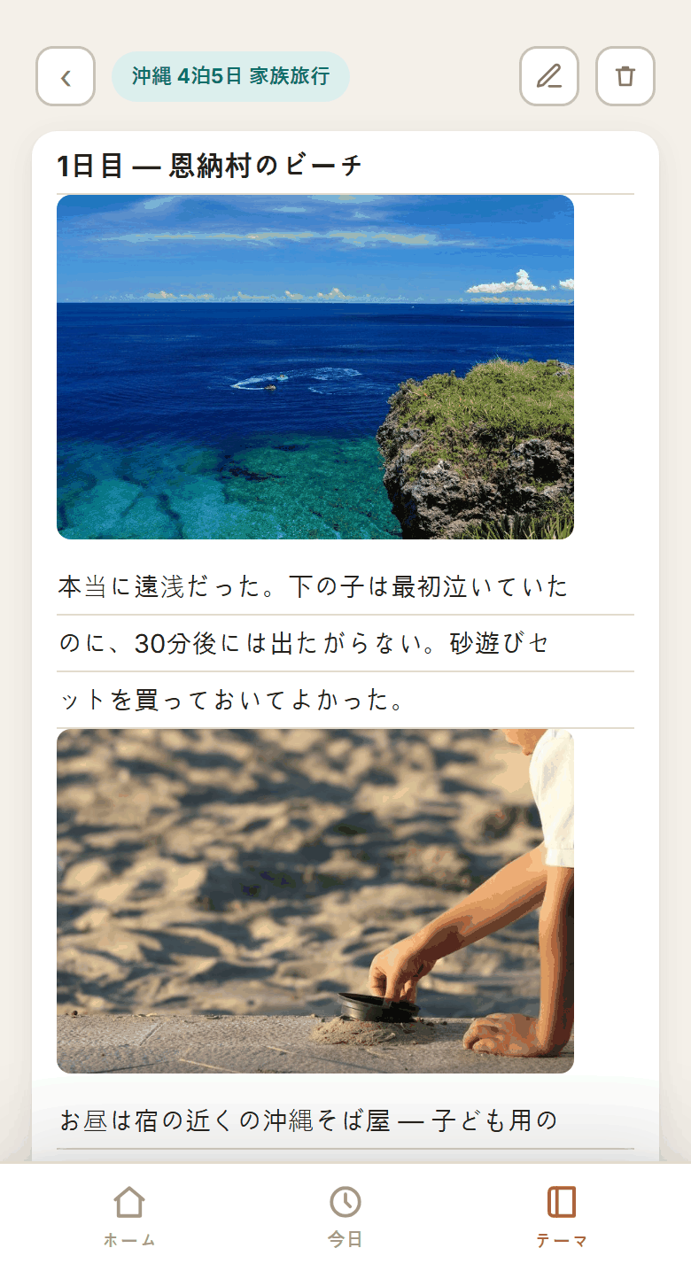 旅行中の写真と感想を入れたメモ