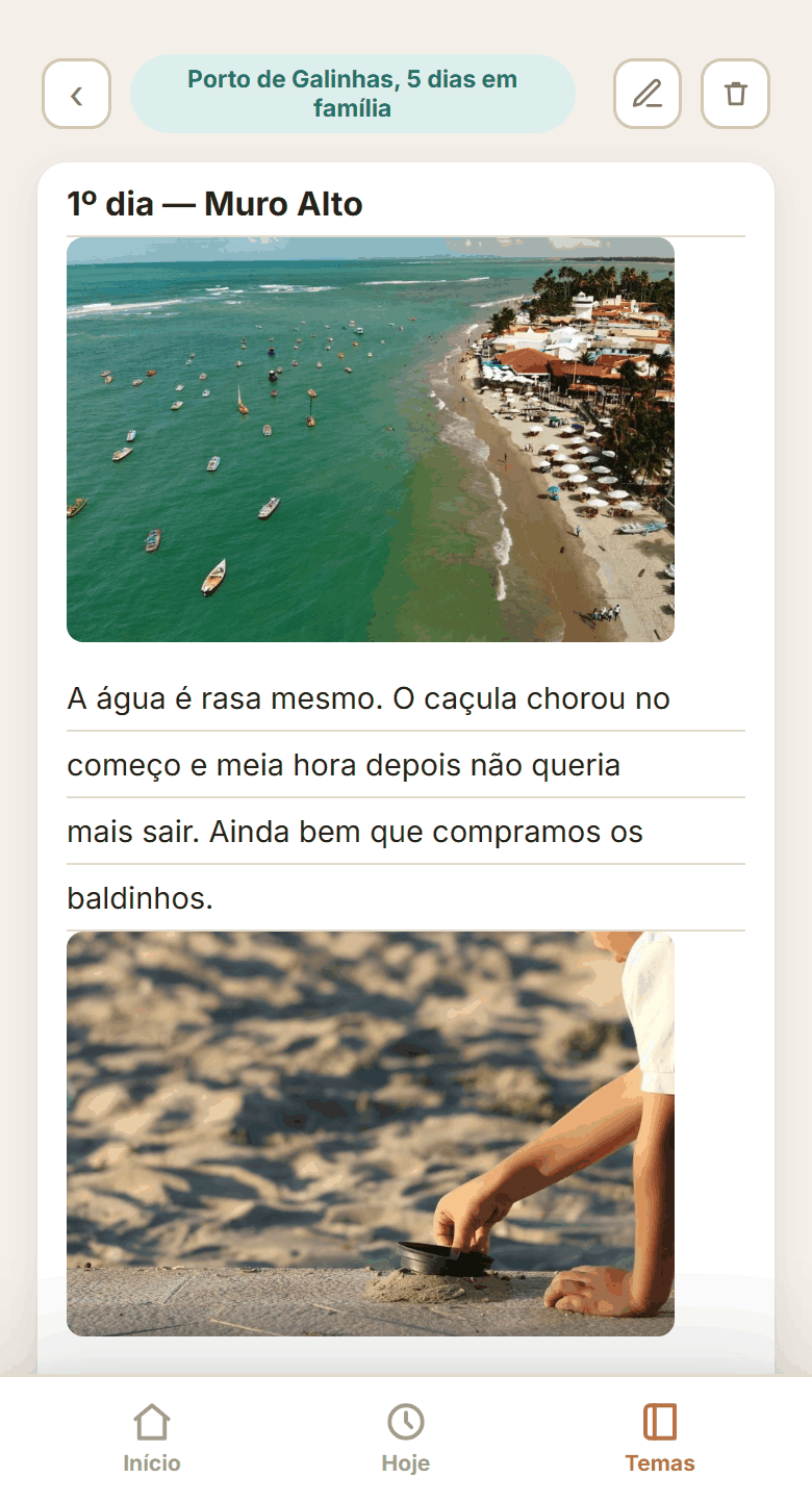 Nota com as fotos e as impressões da viagem